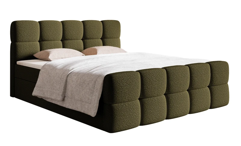 Kontinentales Bett 140x200 cm Cloudy mit Stauraum und Topper, olivfarbenes Bouclé