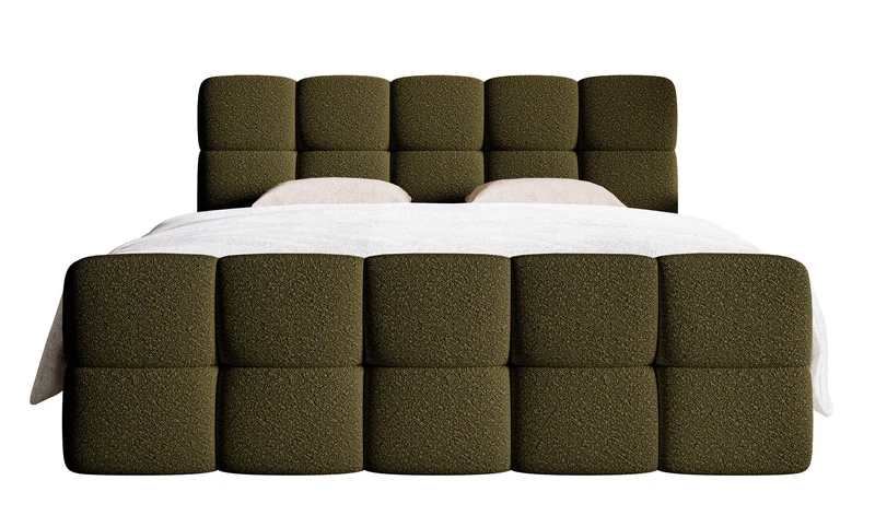 Kontinentales Bett 140x200 cm Cloudy mit Stauraum und Topper, olivfarbenes Bouclé