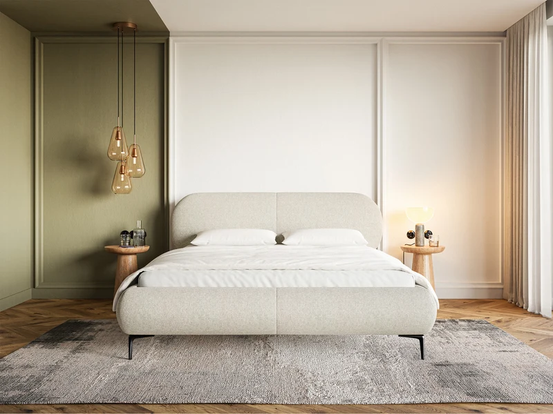 Polsterbett 140x200 cm Ovalle, hellbeige, wasserabweisendes Geflecht, schwarze Beine