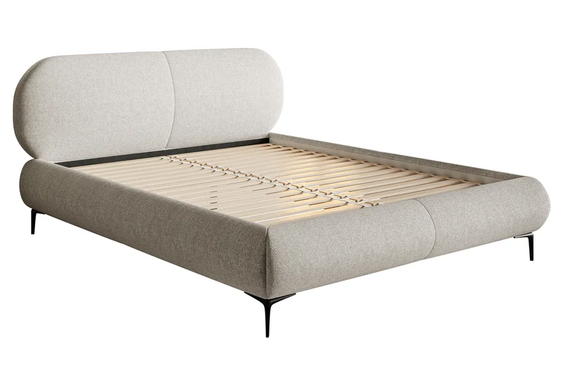 Gepolstertes Bett 140x200 cm Ovalle in grau-beige, wasserabweisendes Geflecht, schwarze Beine