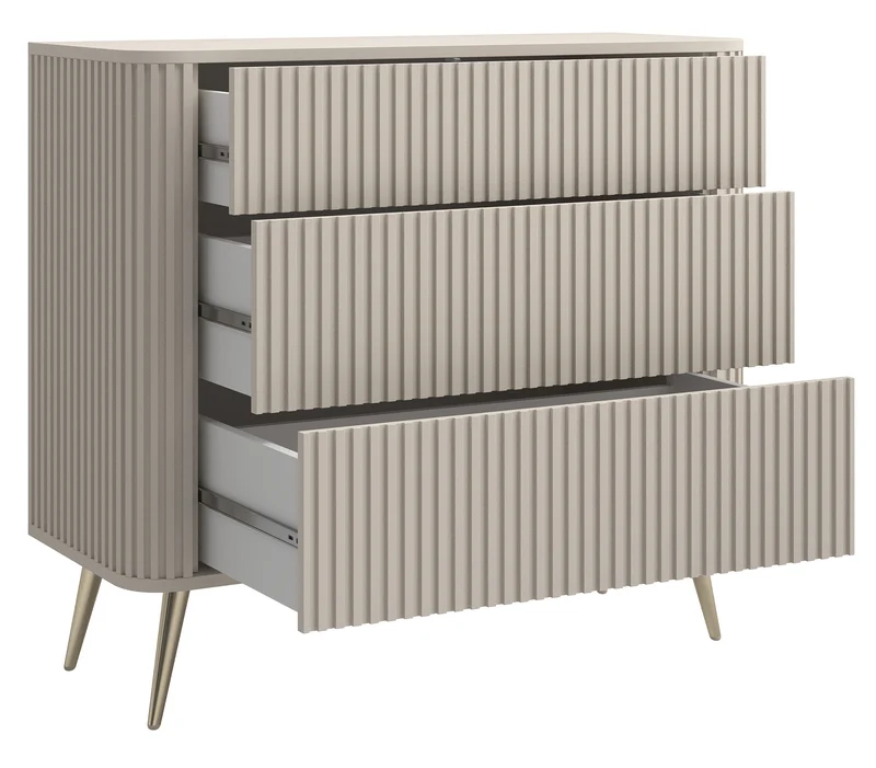 Kommode Ovarlo mit Fräsungen und drei Schubladen, 93 cm, sandbeige mit goldenen Beinen