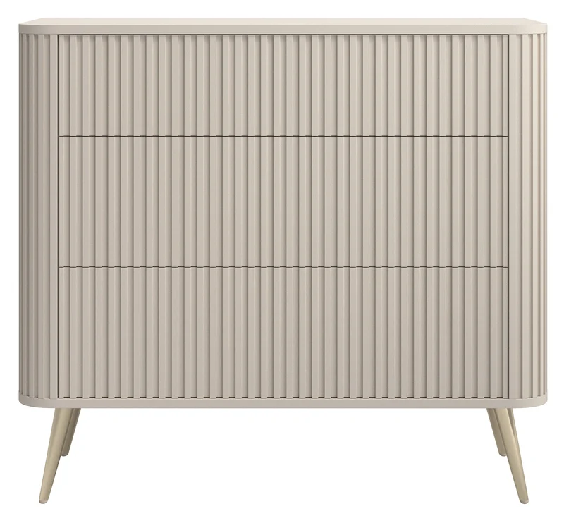 Kommode Ovarlo mit Fräsungen und drei Schubladen, 93 cm, sandbeige mit goldenen Beinen