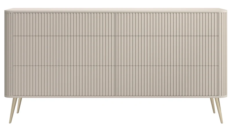 Kommode Ovarlo mit Fräsungen und sechs Schubladen, 168 cm, sandbeige mit goldenen Beinen