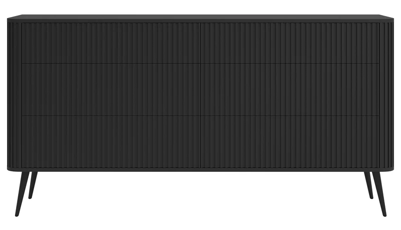 Kommode Ovarlo mit Fräsungen und sechs Schubladen, 168 cm, schwarz mit schwarzen Beinen