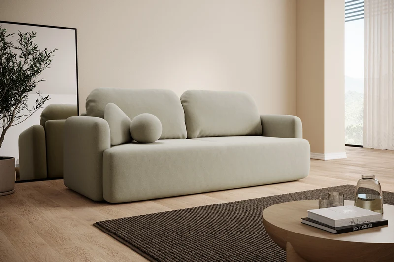 Dreisitziges ausklappbares Sofa Lambina mit Stauraum, beige, pflegeleichter Velours