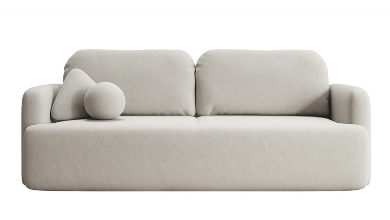 Dreisitziges ausklappbares Sofa Lambina mit Stauraum, cremefarbener Velours, leicht zu reinigen