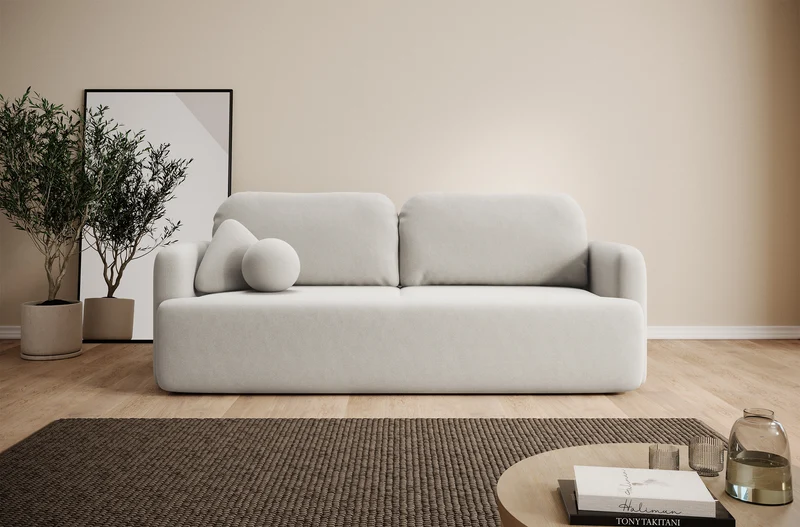 Dreisitziges ausklappbares Sofa Lambina mit Stauraum, cremefarbener Velours, leicht zu reinigen