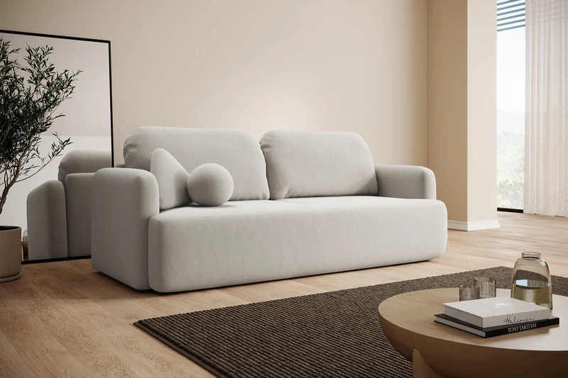 Dreisitziges ausklappbares Sofa Lambina mit Stauraum, cremefarbener Velours, leicht zu reinigen