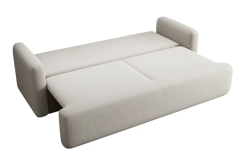 Dreisitziges ausklappbares Sofa Lambina mit Stauraum, cremefarbener Velours, leicht zu reinigen
