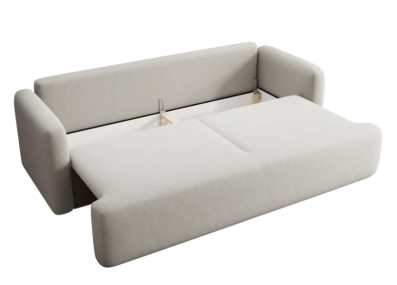 Dreisitziges ausklappbares Sofa Lambina mit Stauraum, cremefarbener Velours, leicht zu reinigen