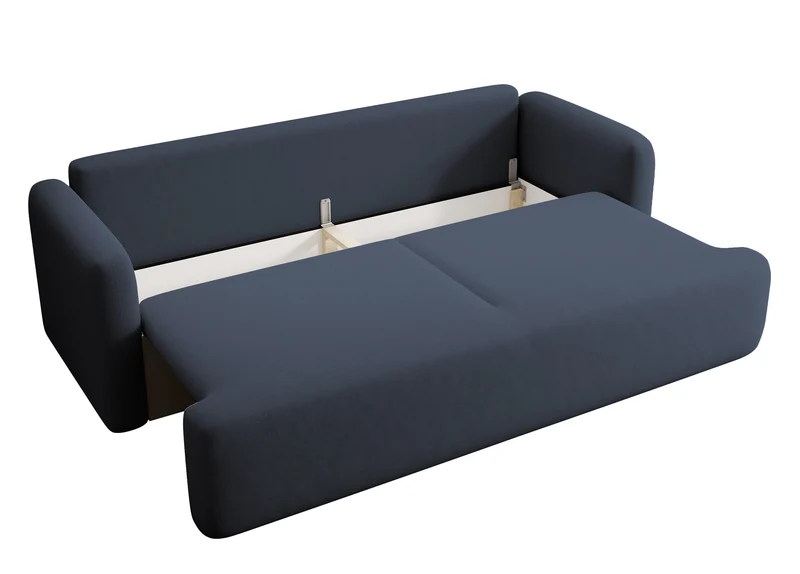 Dreisitziges, ausklappbares Sofa Lambina mit Stauraum, marineblauer, leicht zu reinigender Samtvelours