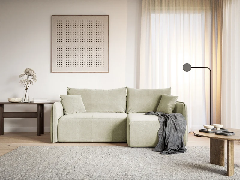 Ecksofa mit Schlaffunktion Mamla, L-förmig, cremefarben, mit Stauraum, hydrophobes Samt, universell einsetzbar