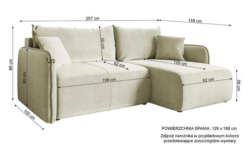 Ecksofa mit Schlaffunktion Mamla, L-förmig, cremefarben, mit Stauraum, hydrophobes Samt, universell einsetzbar