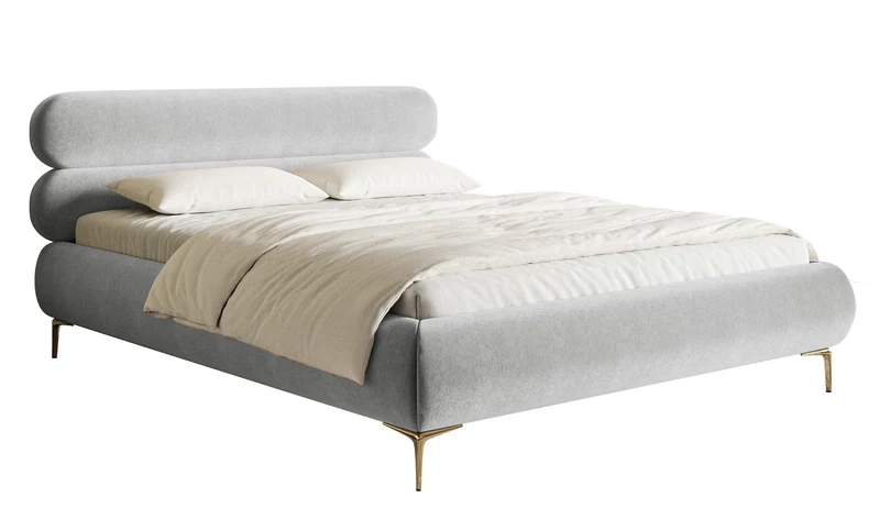 Polsterbett 140x200 cm Roule hellgrauer Velours, wasserabweisend, goldene Beine