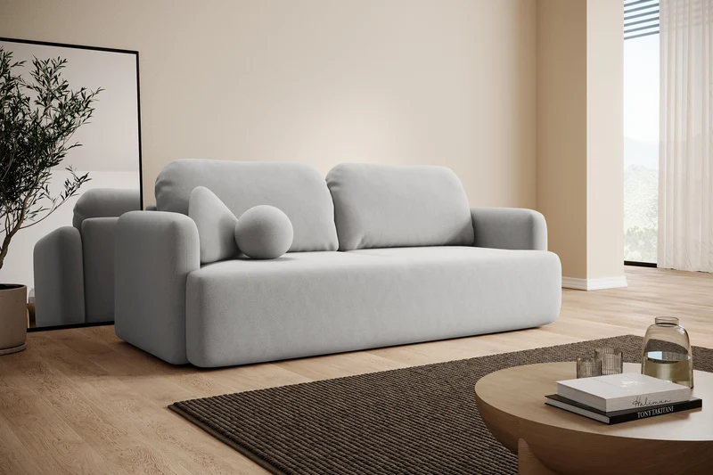 Dreisitziges ausklappbares Sofa Lambina mit Stauraum, grauer Samt, pflegeleicht