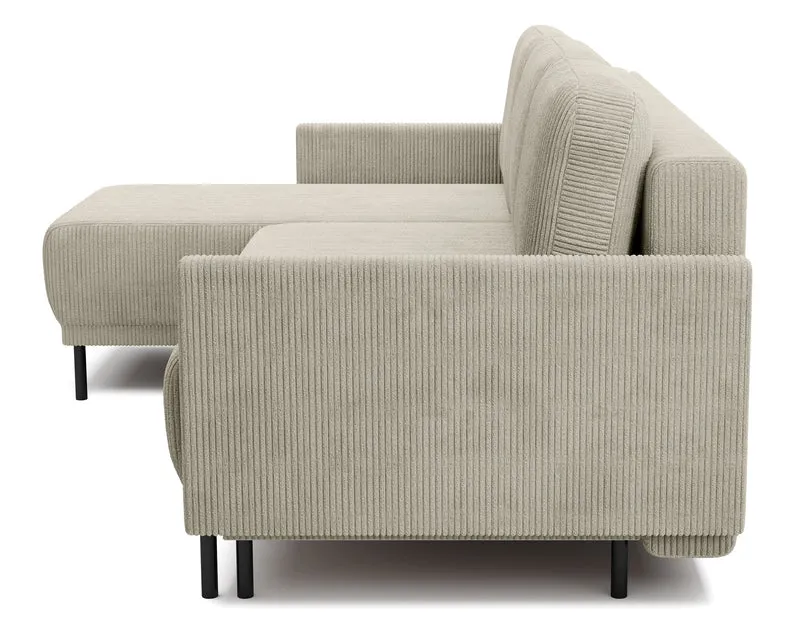 Ausziehbare Eckcouch Hamiel, L-förmig, mit Stauraum, universell, hellbeige Cordstoff