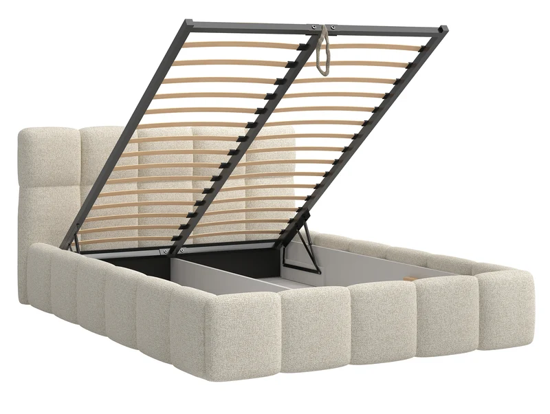 Polsterbett 140x200 cm Cloudy mit Stauraum, hellbeige Geflecht, Metallrahmen
