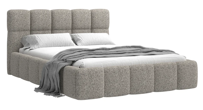 Gepolstertes Bett 140x200 cm Cloudy mit Stauraum, dunkelbeige Flechtoptik, Metallrahmen