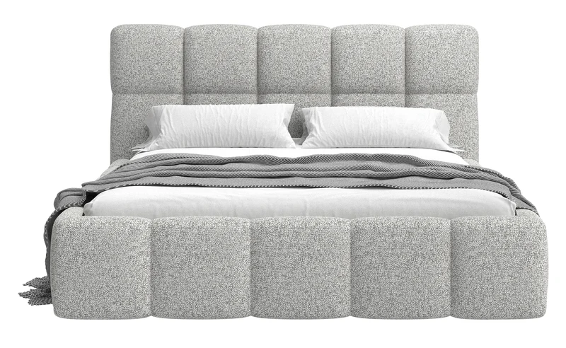 Gepolstertes Bett 140x200 cm Cloudy mit Stauraum, hellgraues Geflecht, Metallrahmen