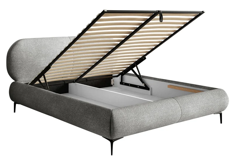 Gepolstertes Bett 160x200 cm Ovalle mit Stauraum, Metallrahmen, grauer Chenille, schwarze Beine