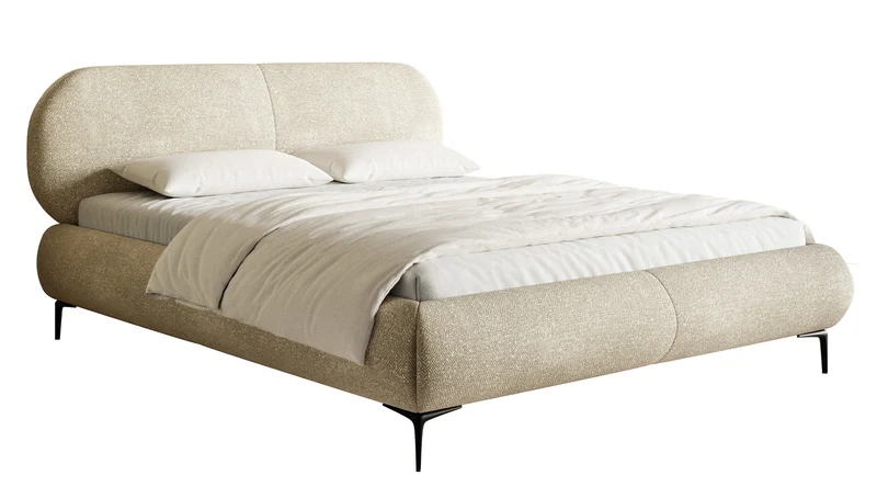 Polsterbett 140x200 cm Ovalle mit Stauraum, Metallrahmen, beige hydrophobes Chenille, schwarze Beine