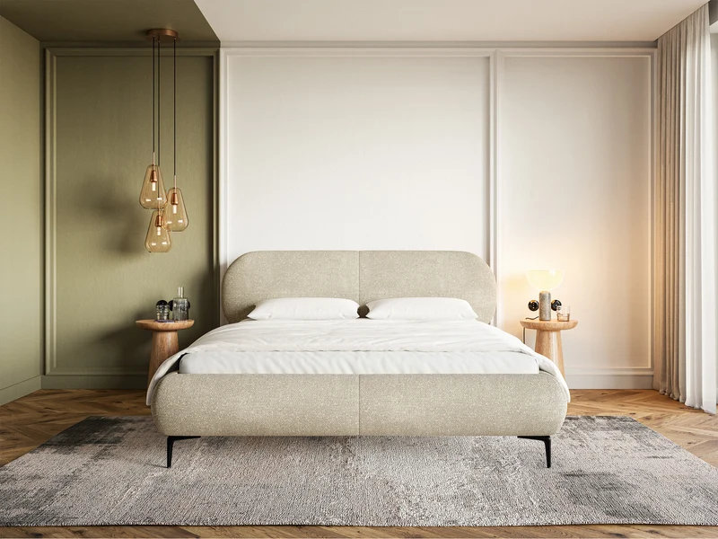 Polsterbett 140x200 cm Ovalle mit Stauraum, Metallrahmen, beige hydrophobes Chenille, schwarze Beine