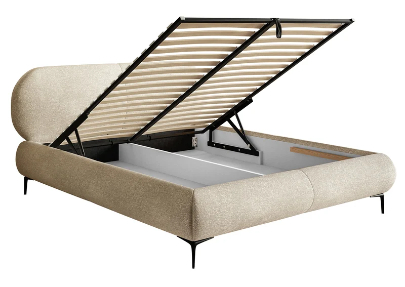 Polsterbett 140x200 cm Ovalle mit Stauraum, Metallrahmen, beige hydrophobes Chenille, schwarze Beine