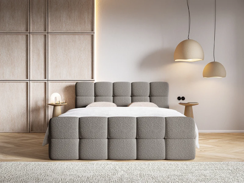 Kontinentalbett 160x200 cm Cloudy mit Stauraum und Topper, graues Bouclé