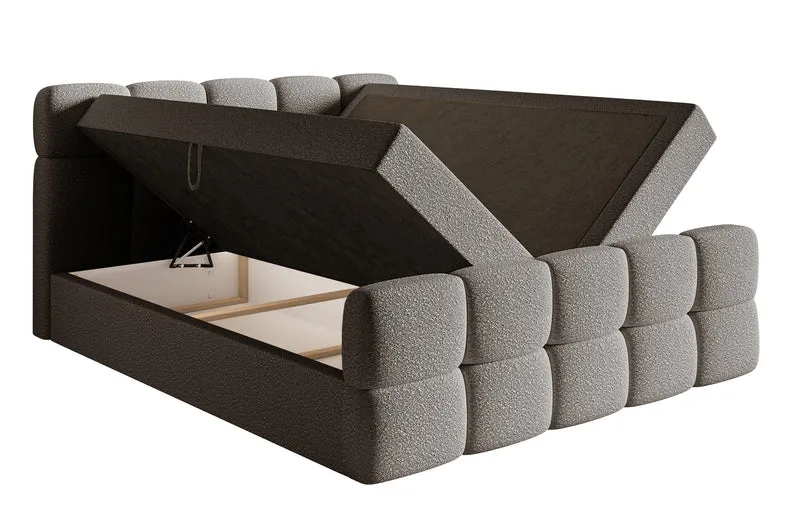 Kontinentalbett 160x200 cm Cloudy mit Stauraum und Topper, graues Bouclé