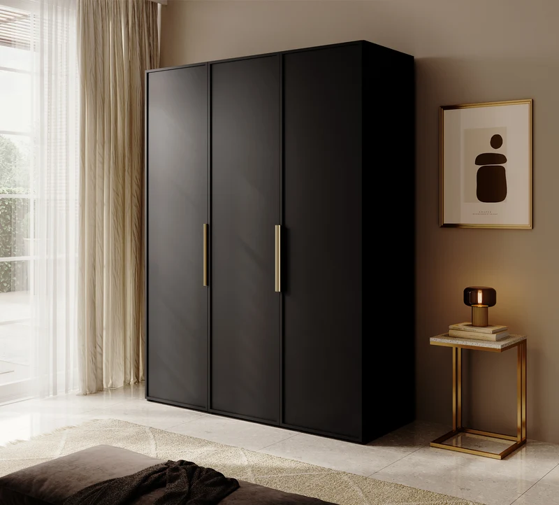 Drehtürenschrank Frame mit drei Türen, zwei Kleiderstangen, 150 cm, Schwarz