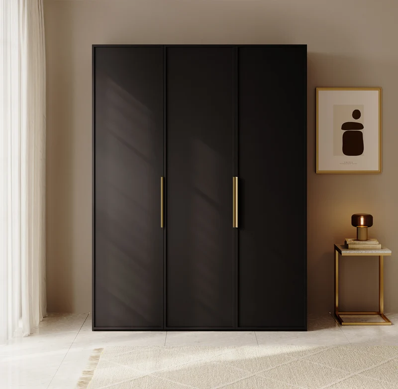 Drehtürenschrank Frame mit drei Türen, zwei Kleiderstangen, 150 cm, Schwarz