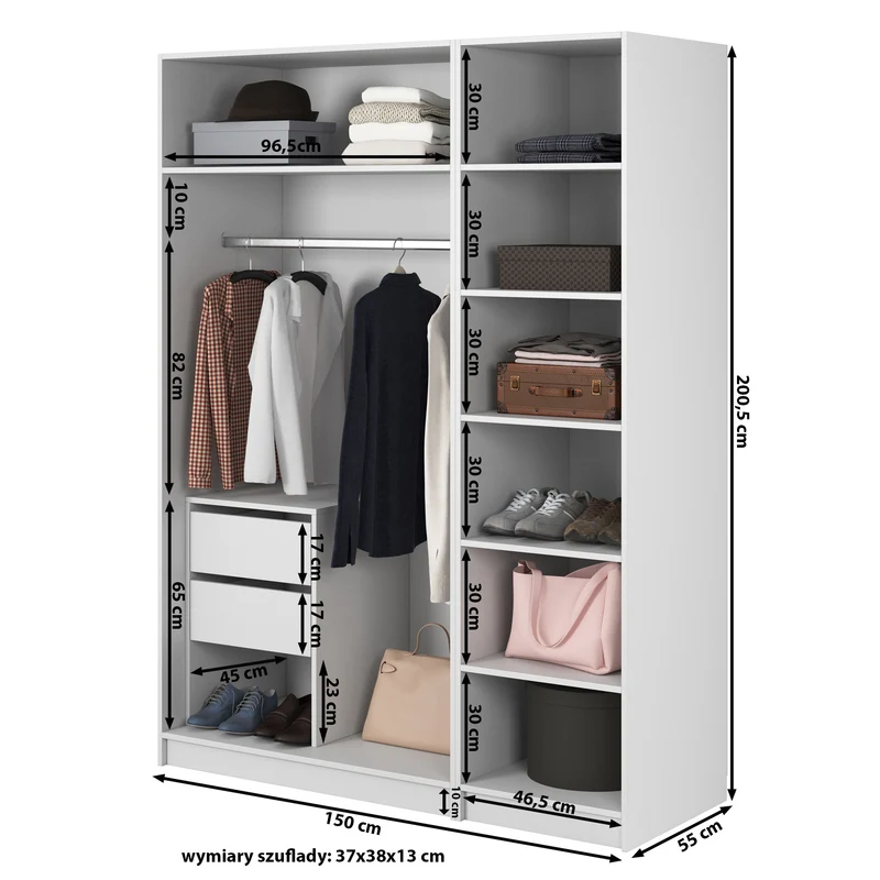 Drehtürenschrank Moonir mit langem Kleiderstange, sieben Regalen und Schubladencontainer, 150 cm, Grau-Beige