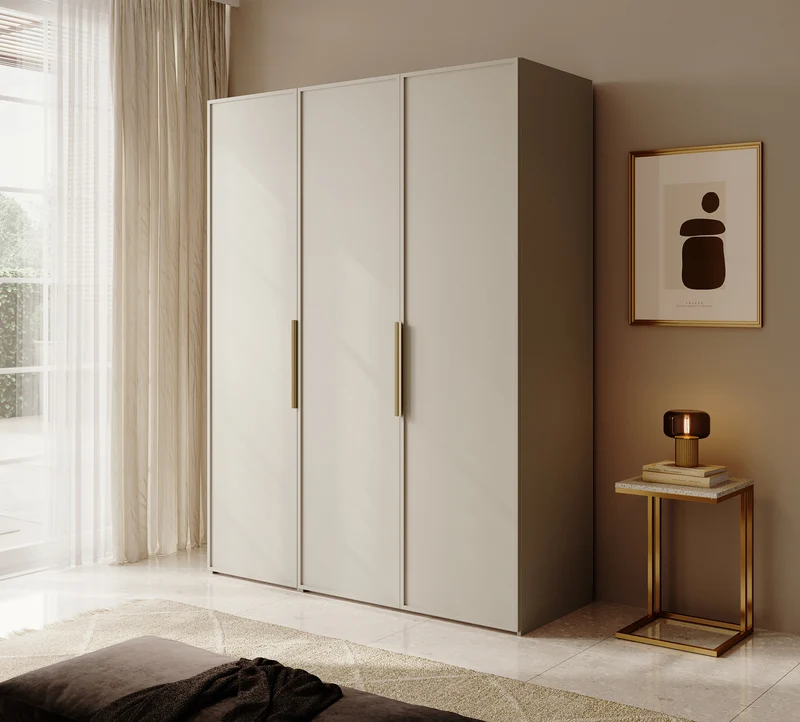 Drehtürenschrank Frame mit drei Türen und zwei Kleiderstangen, 150 cm, Grau-Beige