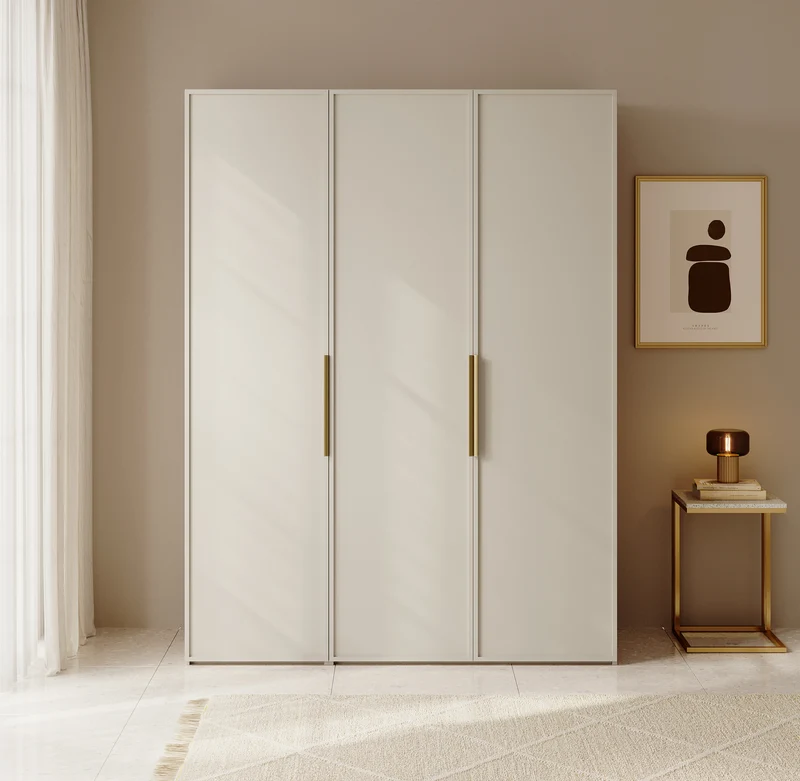 Drehtürenschrank Frame mit drei Türen und zwei Kleiderstangen, 150 cm, Grau-Beige