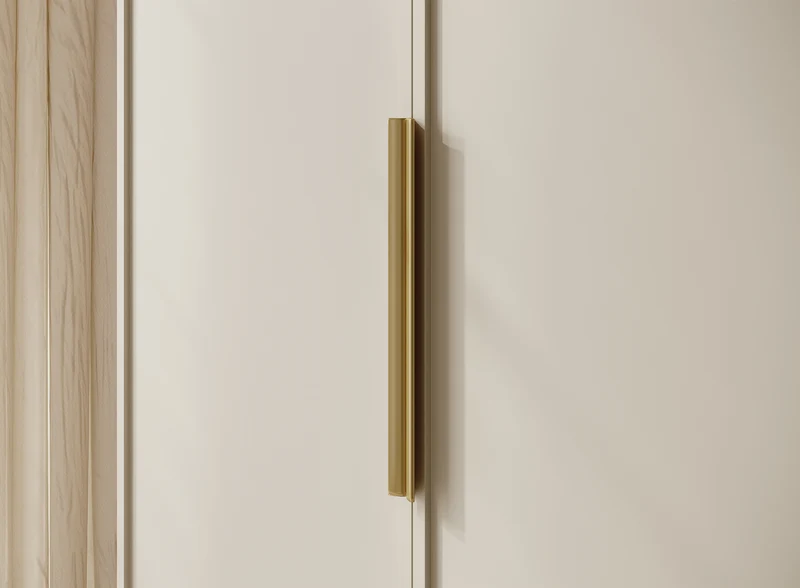 Vier­türiger Frame-Schrank mit zwei Kleiderstangen und Regalen, 200 cm, grau-beige