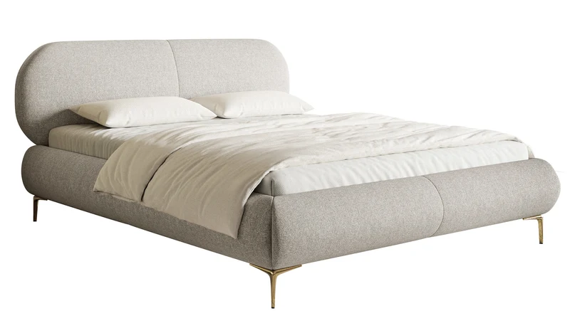 Gepolstertes Bett 140x200 cm Ovalle, grau-beige, wasserabweisendes Geflecht, goldene Beine