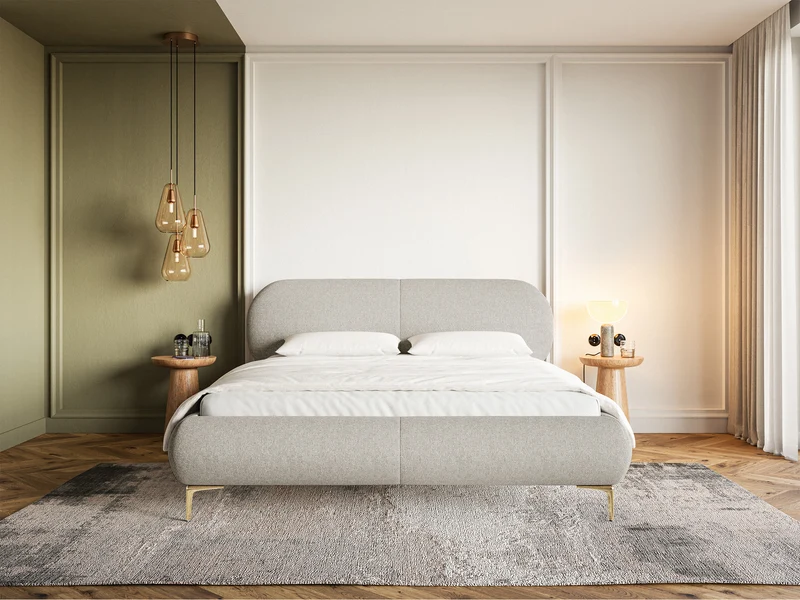 Gepolstertes Bett 140x200 cm Ovalle, grau-beige, wasserabweisendes Geflecht, goldene Beine
