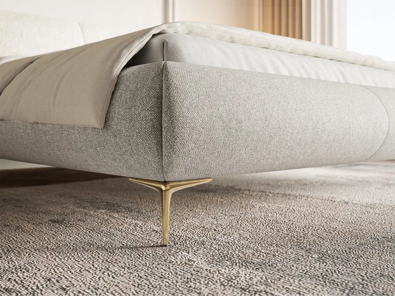 Gepolstertes Bett 140x200 cm Ovalle, grau-beige, wasserabweisendes Geflecht, goldene Beine