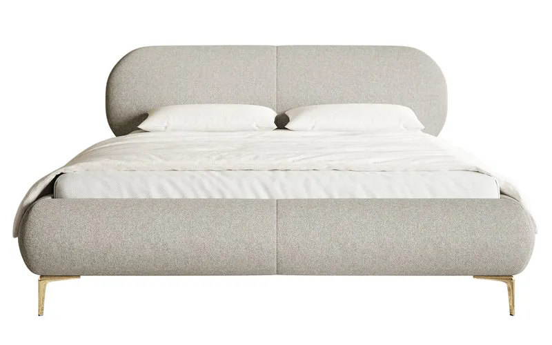 Gepolstertes Bett 140x200 cm Ovalle, grau-beige, wasserabweisendes Geflecht, goldene Beine