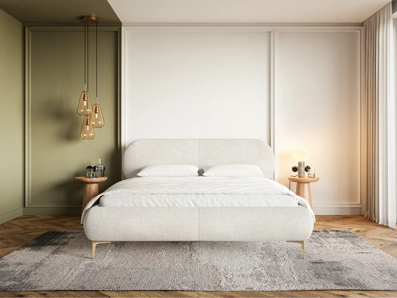 Gepolstertes Bett 160x200 cm Ovalle, cremefarben, Chenille, goldene Beine