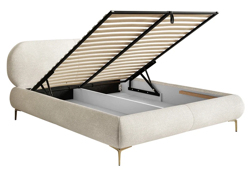 Polstermöbelbett 160x200 cm Ovalle mit Stauraum, Metallrahmen, cremefarbener Chenille, schwarze Beine