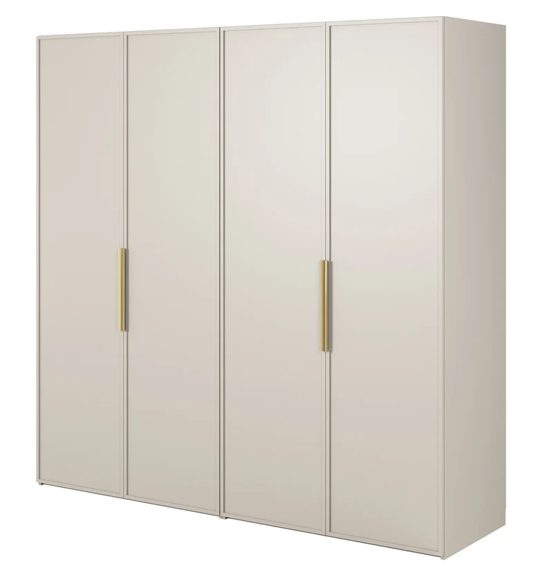 Vier­türiger Frame-Schrank mit zwei Kleiderstangen und Regalen, 200 cm, grau-beige