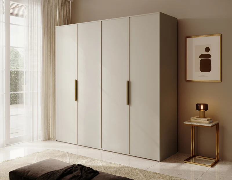 Vier­türiger Frame-Schrank mit zwei Kleiderstangen und Regalen, 200 cm, grau-beige