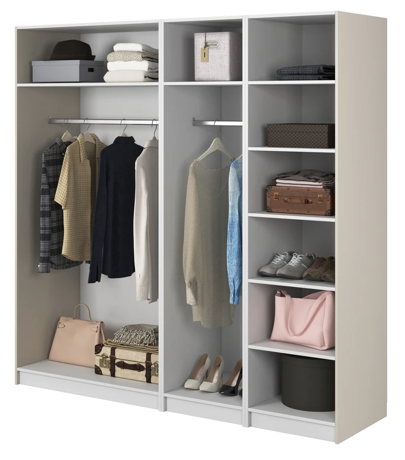 Vier­türiger Frame-Schrank mit zwei Kleiderstangen und Regalen, 200 cm, grau-beige