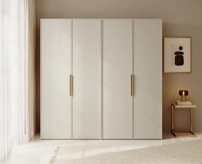 Vier­türiger Frame-Schrank mit zwei Kleiderstangen und Regalen, 200 cm, grau-beige