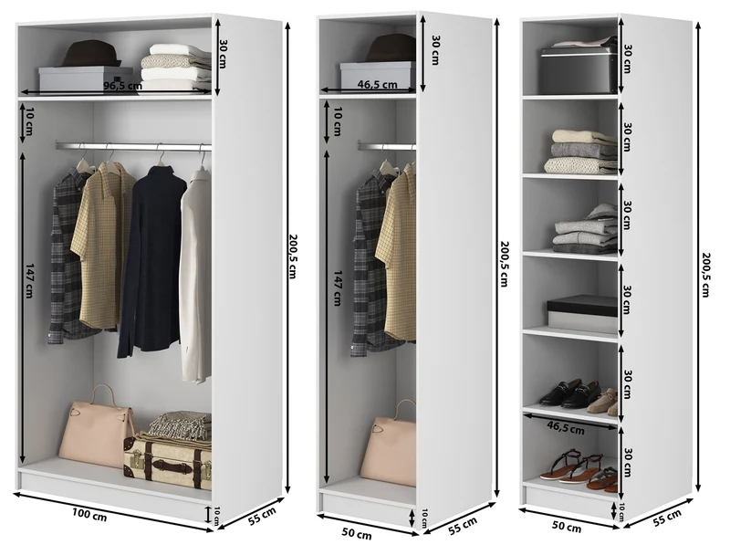 Vier­türiger Frame-Schrank mit zwei Kleiderstangen und Regalen, 200 cm, grau-beige