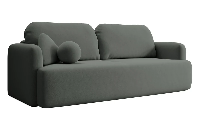 Dreisitziges ausklappbares Sofa Lambina mit Stauraum, dunkelgrauer, pflegeleichter Samtvelours