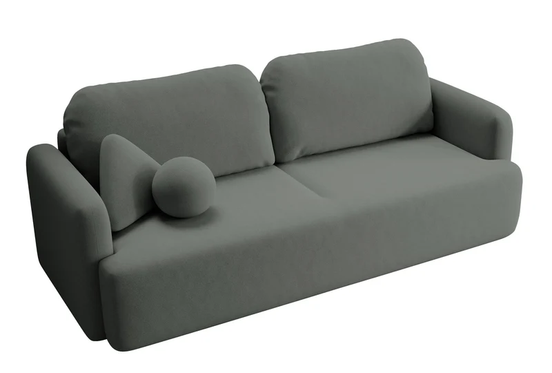 Dreisitziges ausklappbares Sofa Lambina mit Stauraum, dunkelgrauer, pflegeleichter Samtvelours