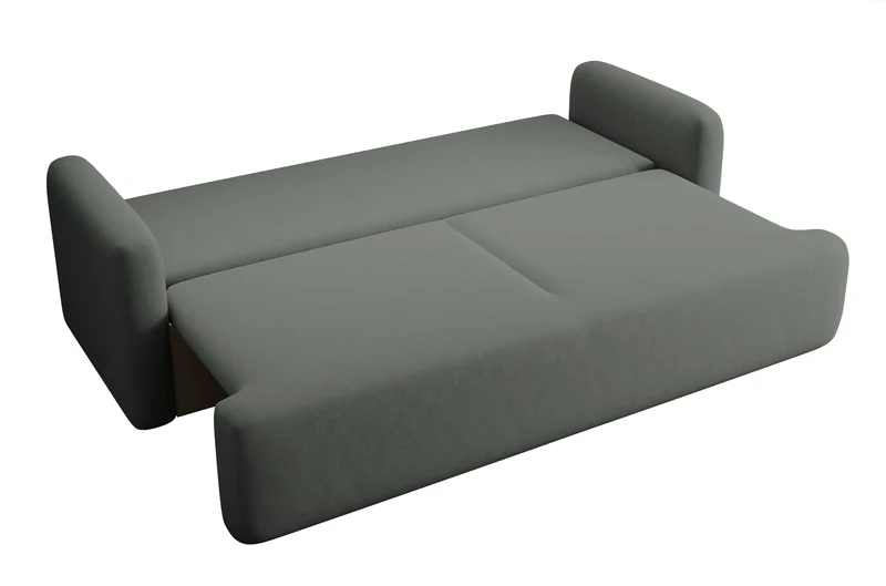 Dreisitziges ausklappbares Sofa Lambina mit Stauraum, dunkelgrauer, pflegeleichter Samtvelours