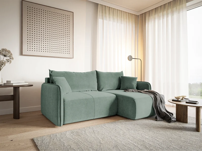 Ecksofa mit Schlaffunktion Mamla, L-förmig, salbeigrün, mit Stauraum, hydrophobes Samt, universell einsetzbar